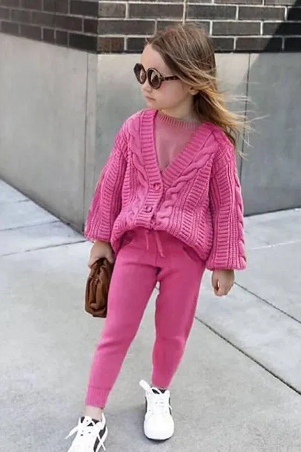 Детский кардиган для девочек с цепочным узором Minigimin Cicileri, Fuchsia 60646