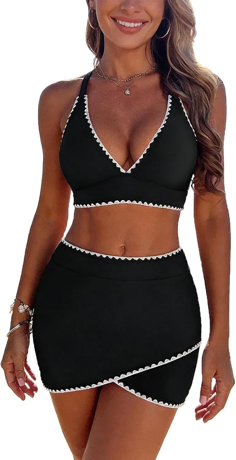 Женский бикини-комплект с высокой талией Scalloped Trim, Black