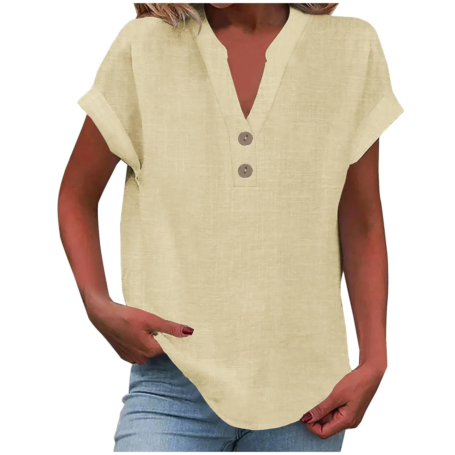 Женская льняная туника с v-образным вырезом и коротким рукавом, Beige — фото 4