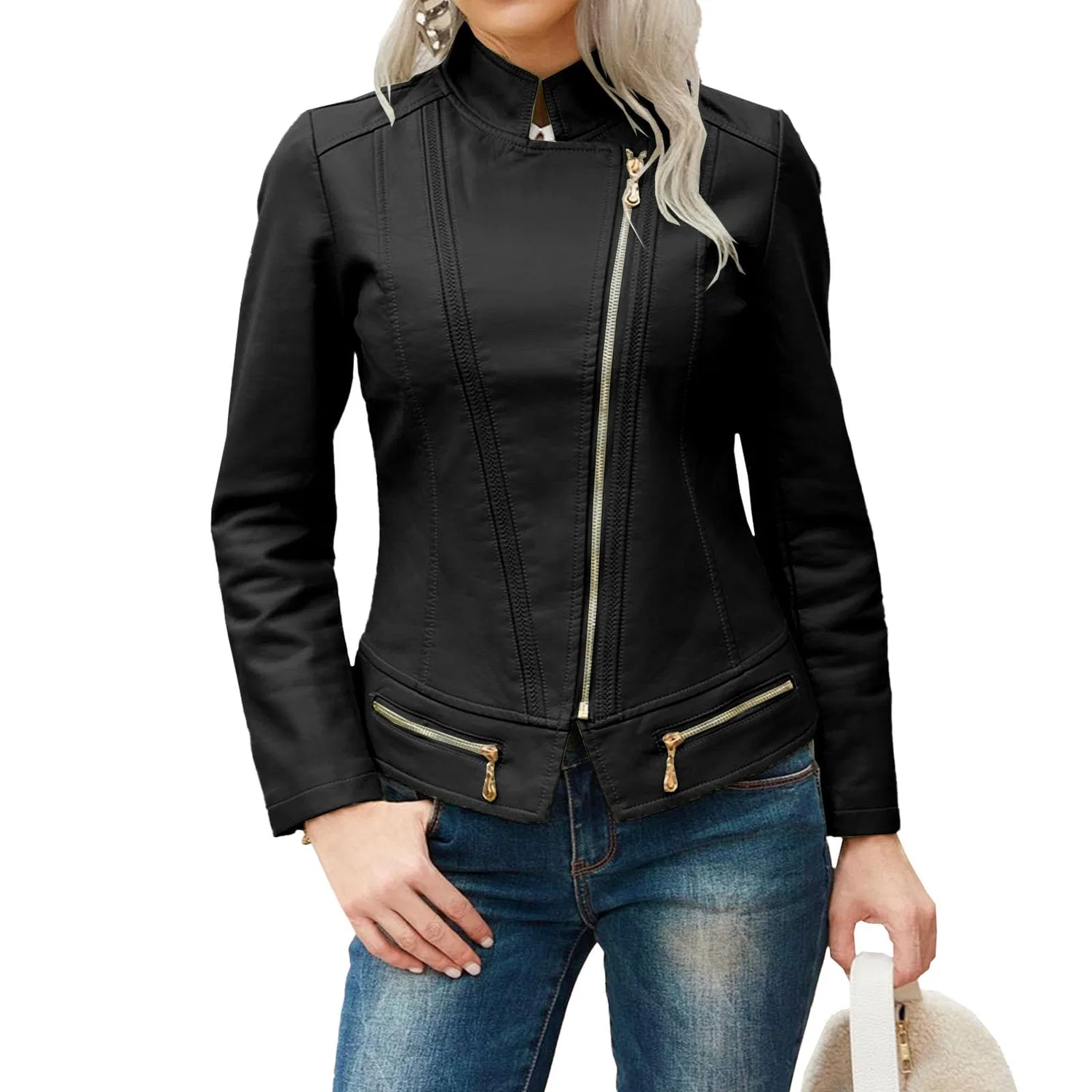 Женская куртка-косуха из экокожи с молнией, модель Motorcycle Jacket, Nero — фото 2