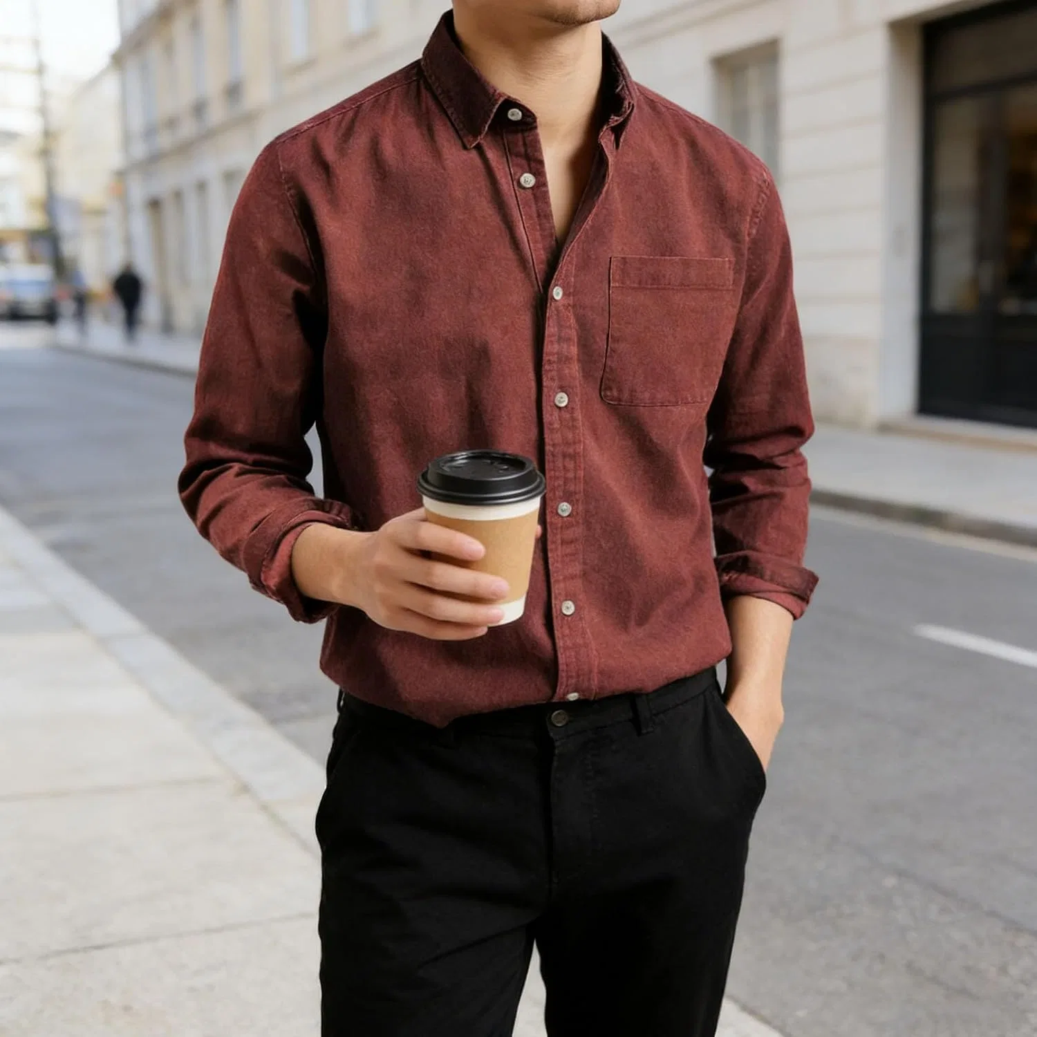 Мужская рубашка с длинным рукавом с нагрудным карманом, красный — фото 3