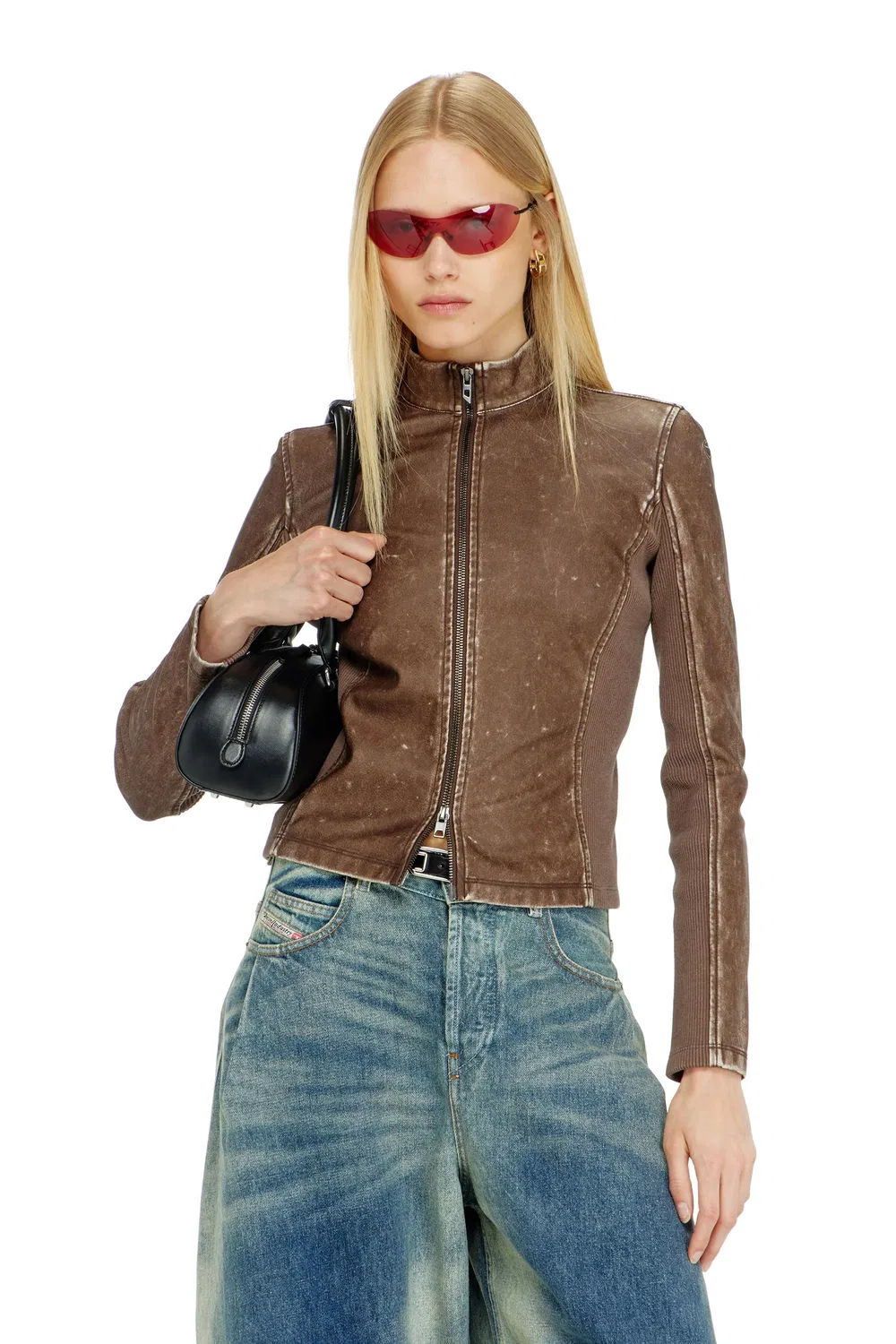 Женская куртка-косуха с трикотажными вставками Biker jacket with rib-knit inserts Diesel, коричневый