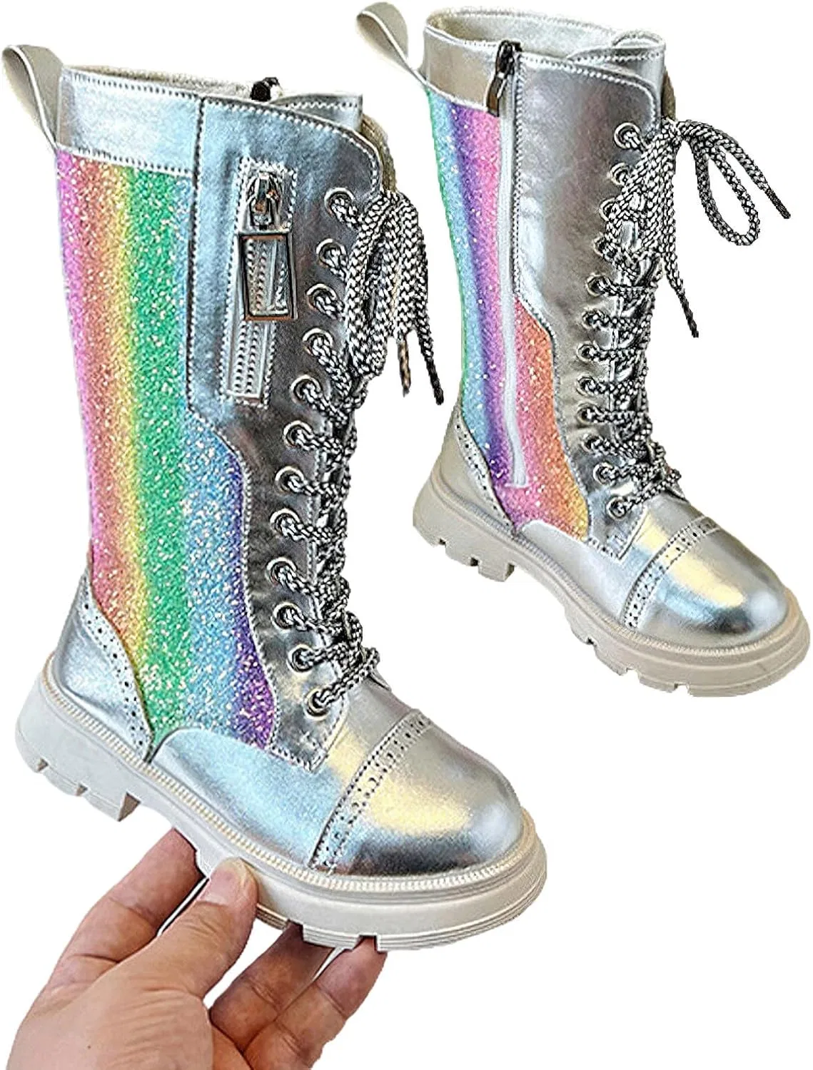 Детские сапоги для девочек с боковой молнией и шнуровкой Sparkly Riding Shoes rismart, Silver — фото 3