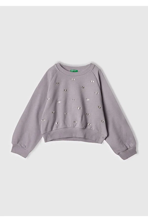 Детские свитшот для девочек с длинным рукавом Girl'S lilac ribbed crew neck sweatshirt with stone detail on the front United Colors Of Benetton, Lilac