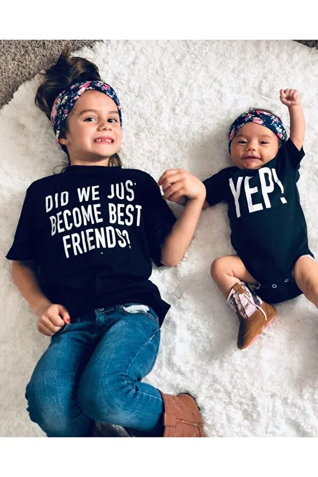 Детская футболка для девочек хлопковая Sister Brother Black Tshirt Bodysuit Venüsdijital, Siyah