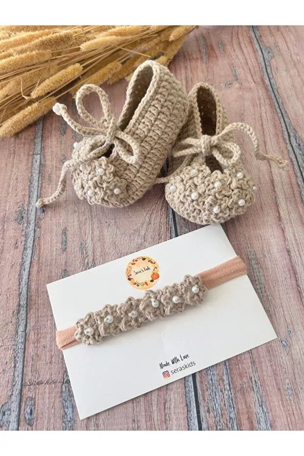 Детские пинетки для девочек с банданой Seraskids, Beige — фото 4