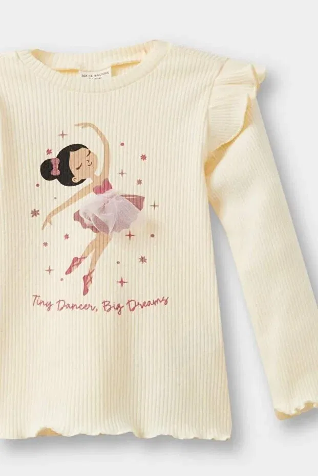 Детское для девочек платье-футболка с принтом Ballerina Printed Defacto, Ecru — фото 2