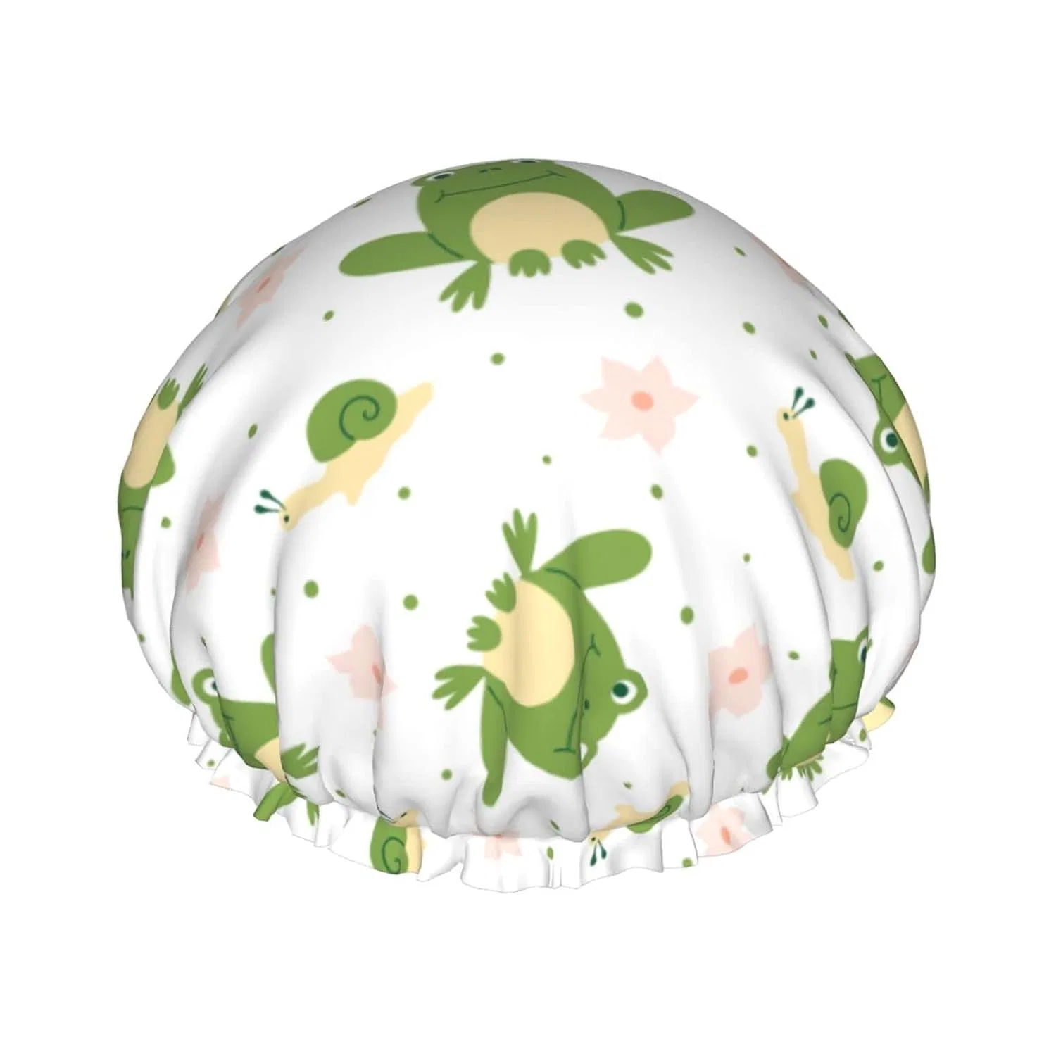 Шапочка для душа Oudrspo, двойной слой, водонепроницаемая, Frogs Pink Flowers