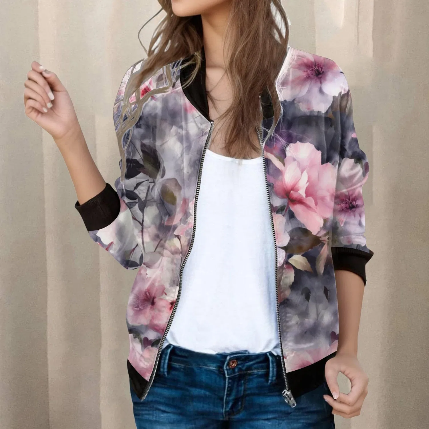 Женская куртка с цветочным принтом Women's Spring Jacket, pink — фото 2
