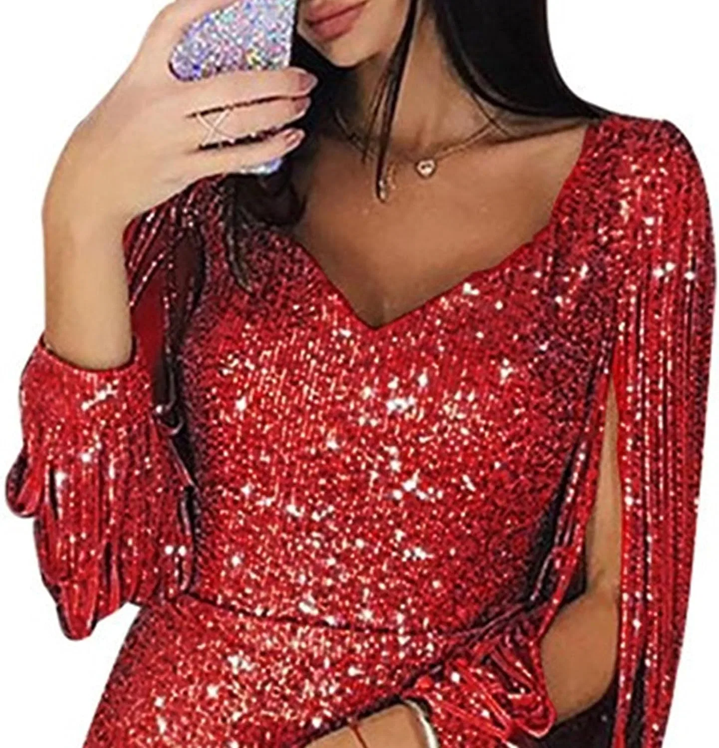 Женское коктейльное платье с пайетками и бахромой Red — фото 2