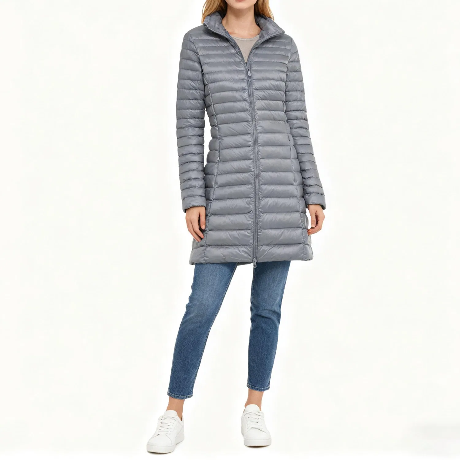 Женское зимнее пальто с наполнителем из пуха, легкое, с принтом, модель Women Winter Parka Down Jacket Warm Lightweight Packable Quilted Warm Outerwear with Pockets, Grigio — фото 3