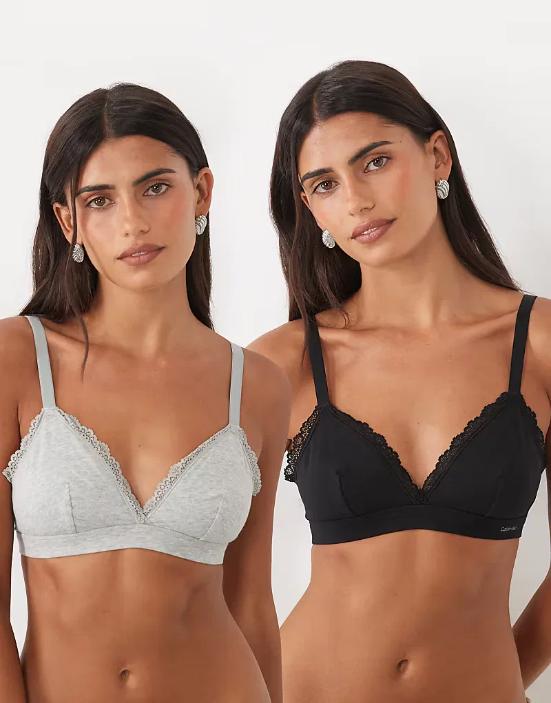 Бюстгальтер треугольный хлопковый с кружевной деталью 2 пары Calvin Klein, серый/черный