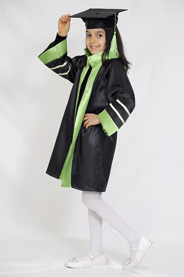 Детское платье для девочек с принтом Graduation cap cube kindergarten black green striped Mezuniyetshop, Black Green — фото 2