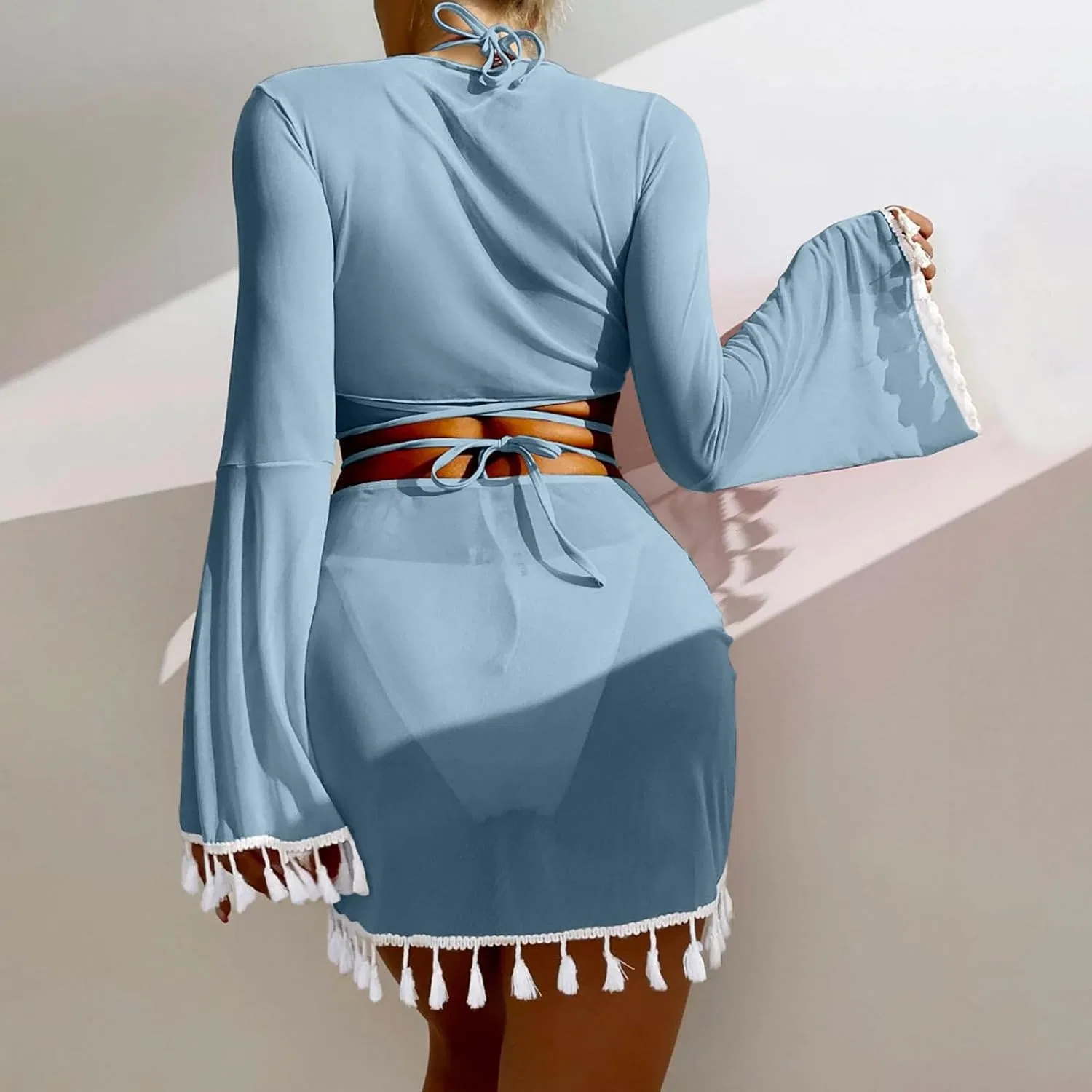 Женский бикини-сет с длинным рукавом и бахромой, Sky Blue — фото 4