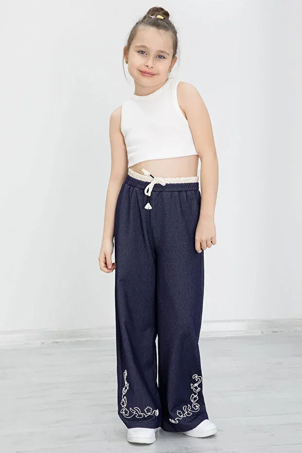 Детские брюки для девочек широкие с вышивкой Cansın Mini, Navy Blue