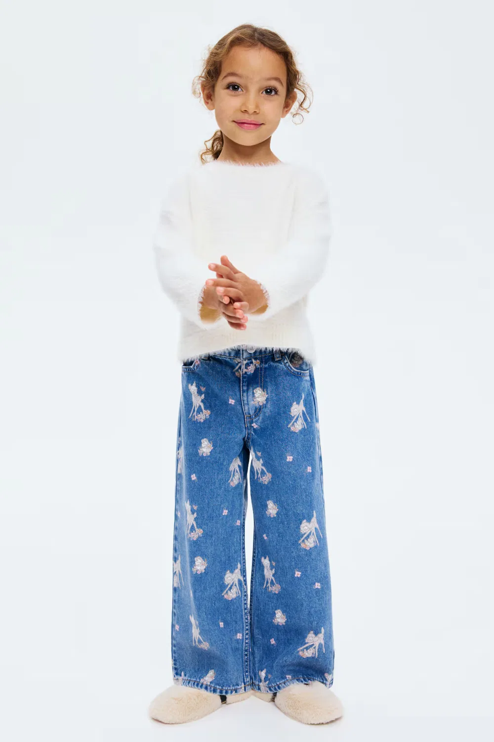 Джинсы с широкими штанинами и принтом H&M, Denimblau/Bambi