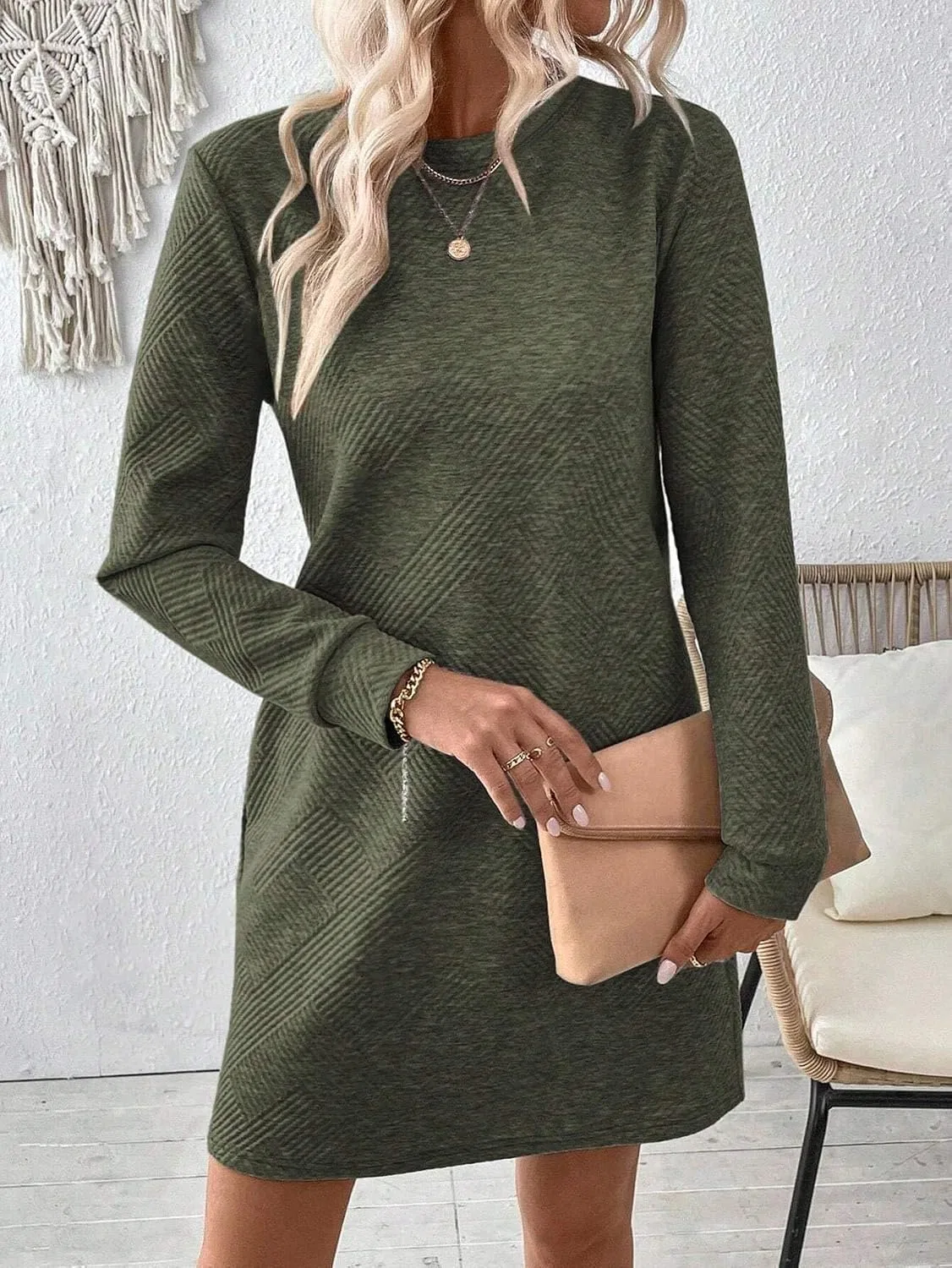 Женское повседневное платье с длинным рукавом Colorblock, Army Green — фото 4