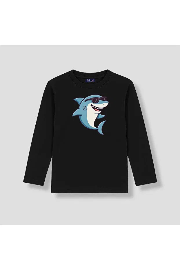 Детская футболка с длинным рукавом с принтом Cool Shark With Sunglasses Mixxi Fashion, Black