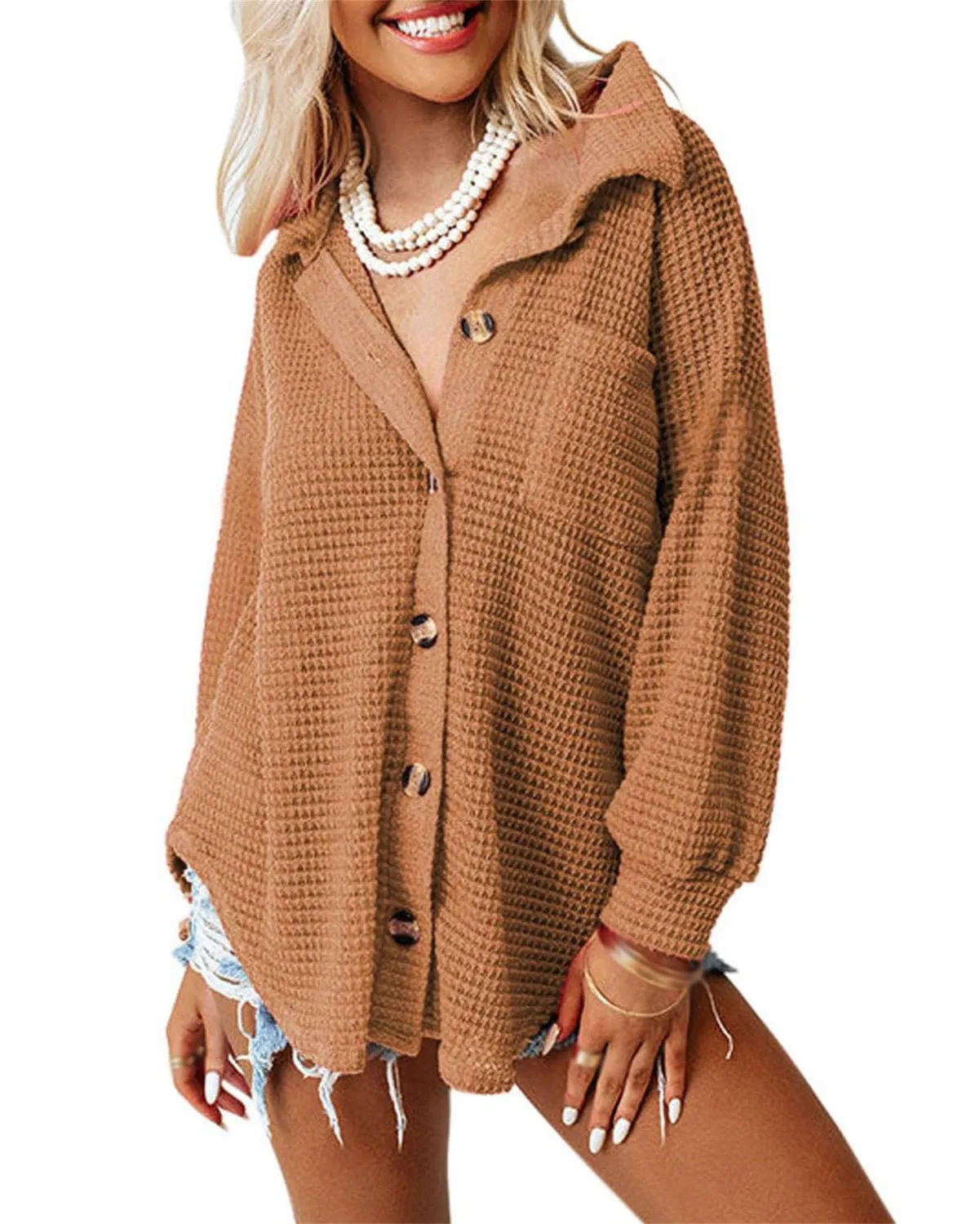 Женский кардиган с сотовой вязкой с длинным рукавом, Brown