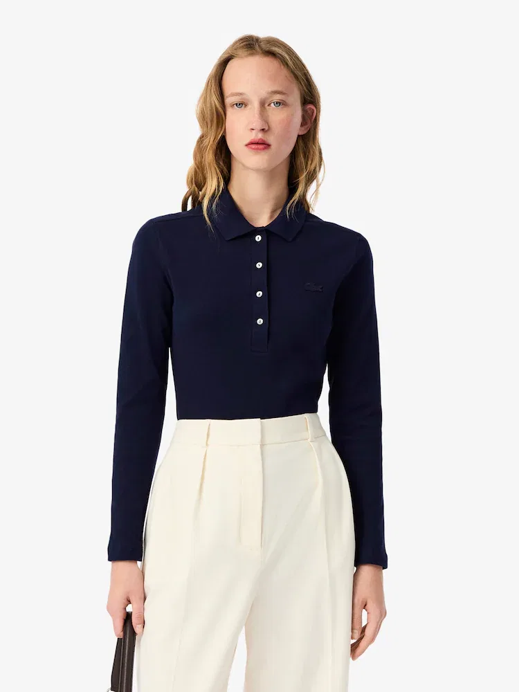 Рубашка поло женская LACOSTE, Slim-fit, длинный рукав, белая