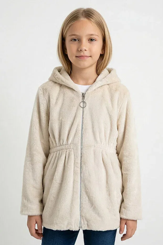 Детское пальто для девочек на молнии с капюшоном плюшевое Kinderos, Nude Color