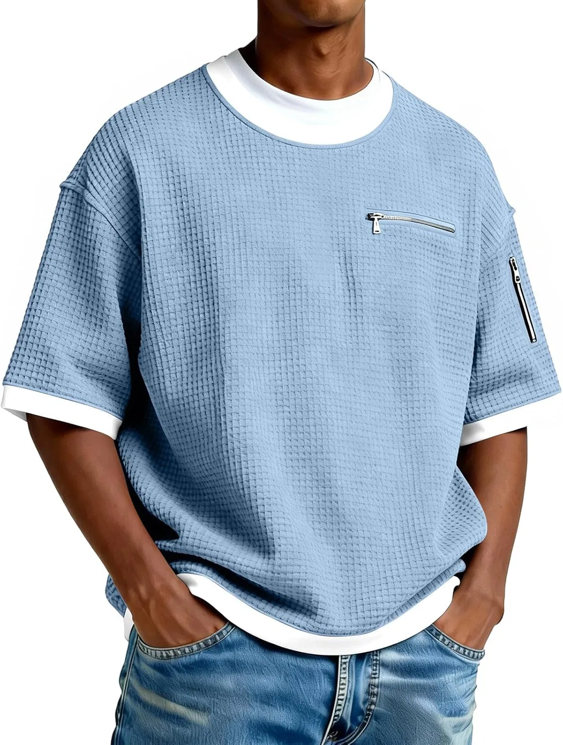 Мужская футболка с вафельной текстурой, Short Sleeve Crewneck, Sky Blue
