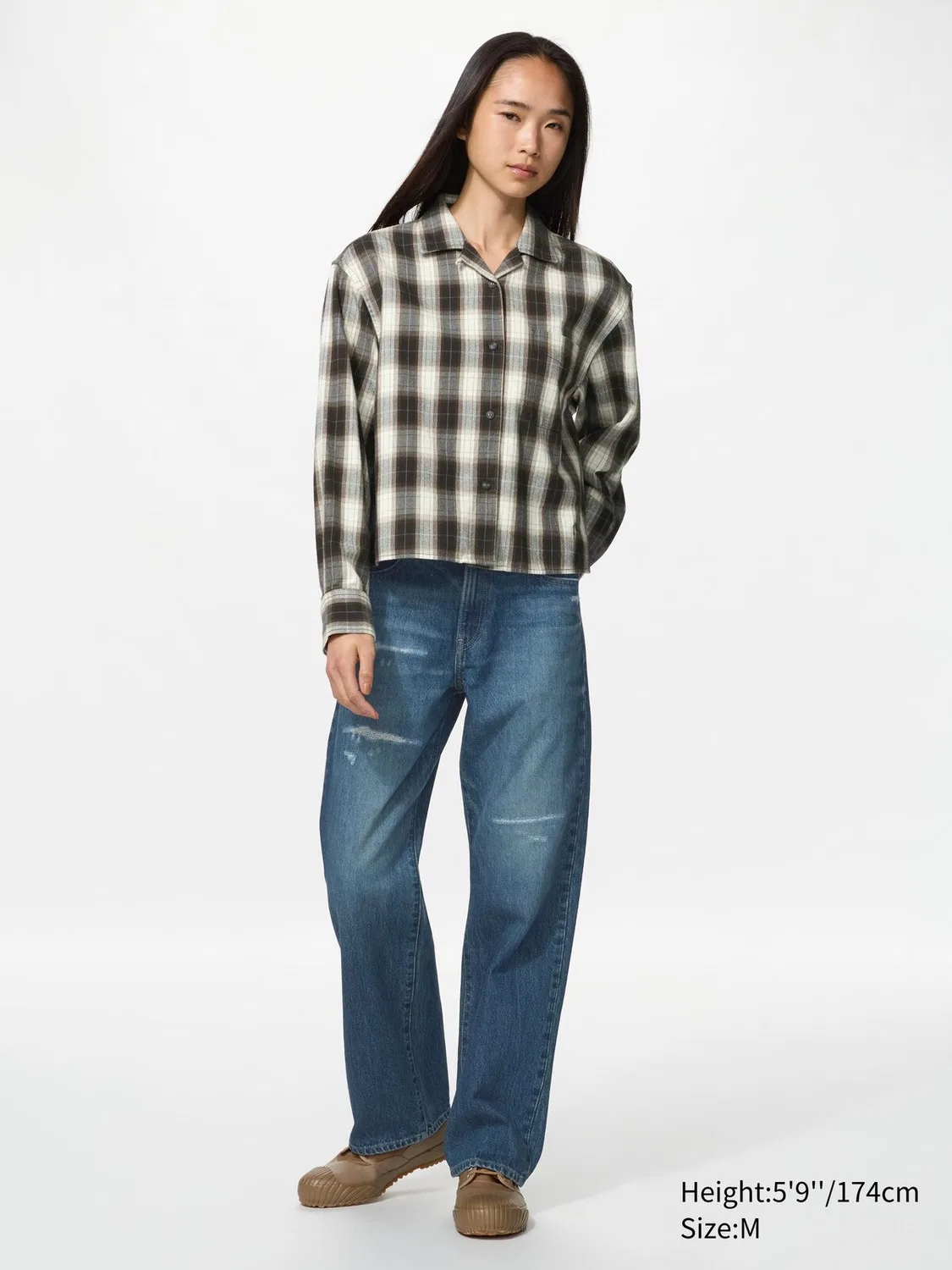 Рубашка Uniqlo, фланелевая, свободный крой в клетку, натуральный — фото 2