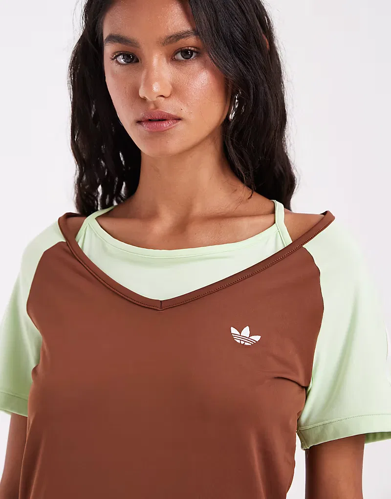 Футболка винтажная слоистая Adidas Originals, коричневый/зеленый — фото 2