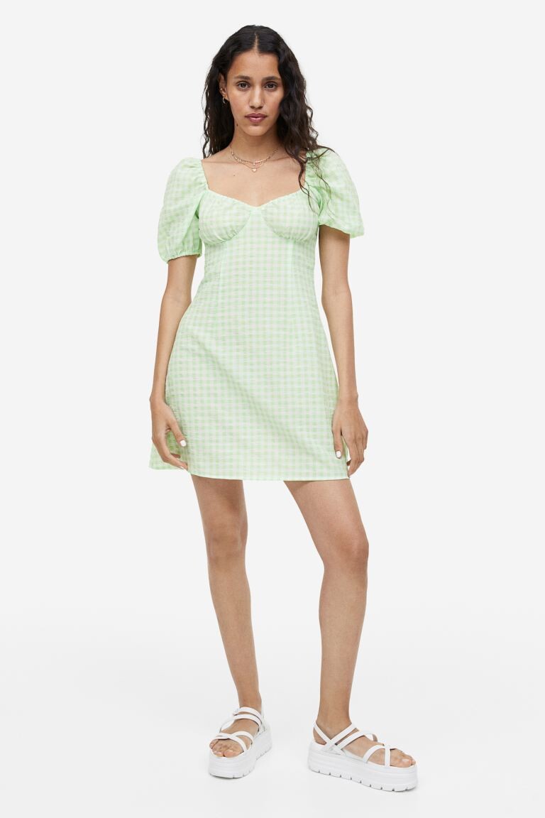 

Креповое платье с пышными рукавами H&M, светло-зеленый/клетчатый