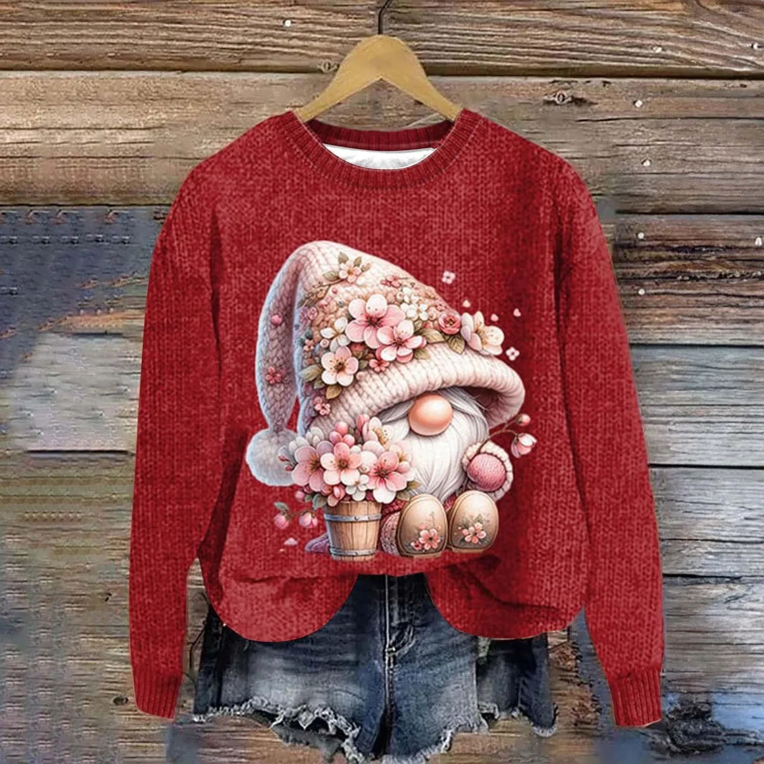 Женский свитшот с принтом Ugly Santa Claus Sweater, Z02 Red — фото 3
