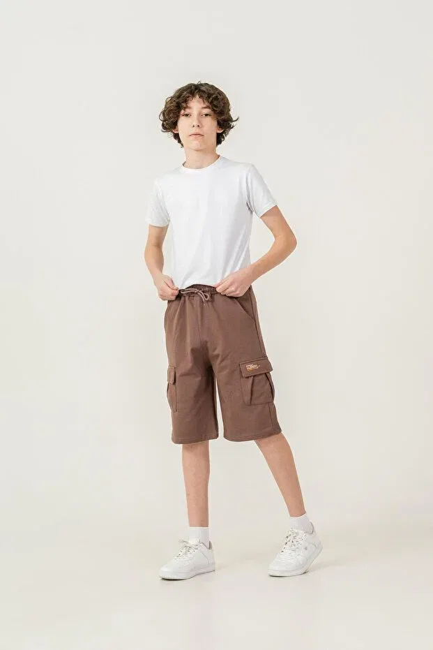 Детские шорты для мальчиков с принтом Double cargo pockets left pocket cover Mışıl Kids, Brown — фото 3