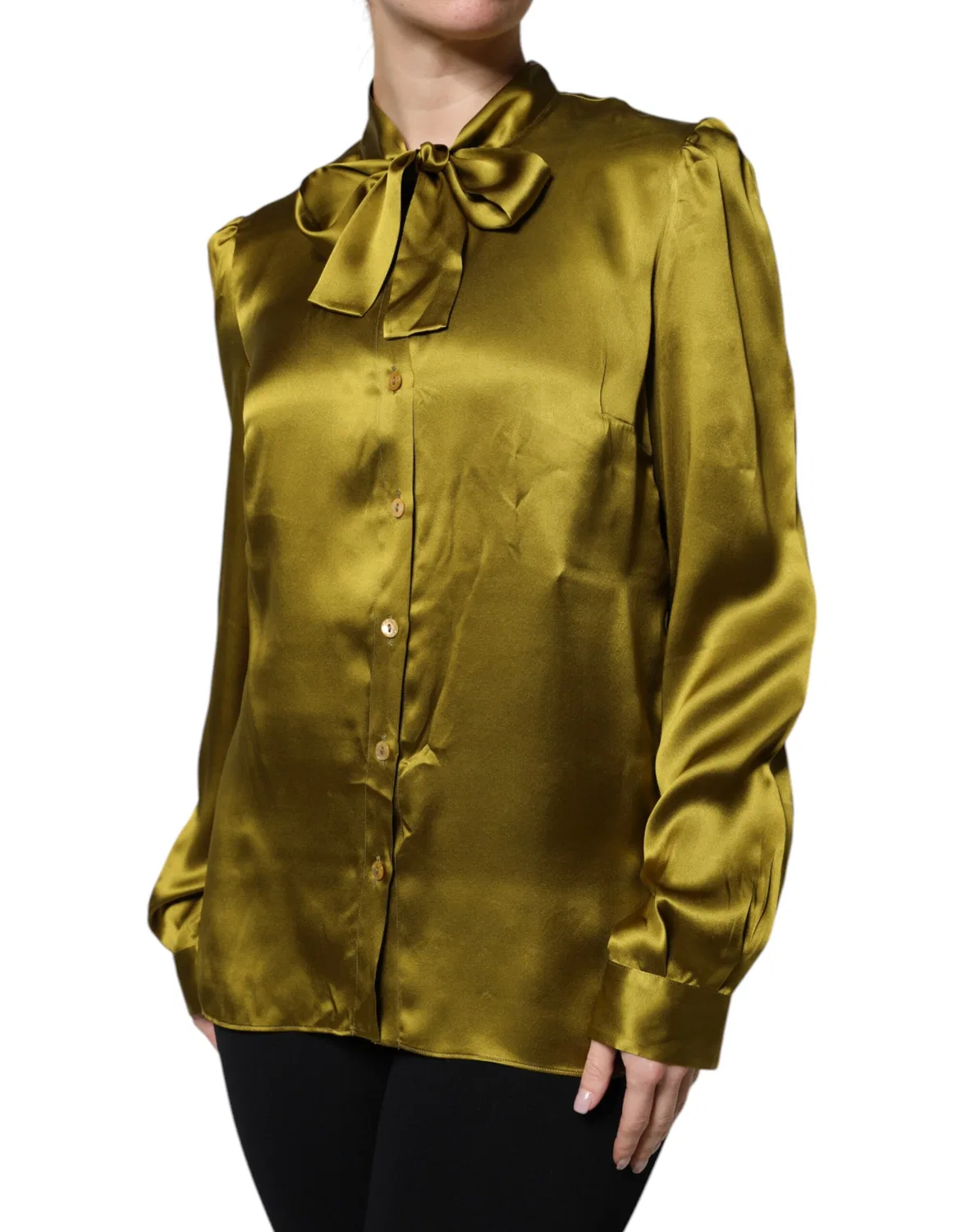 Женская блузка с длинным рукавом и воротником-аскот Olive Green Ascot Collar Dolce & Gabbana, Green — фото 3