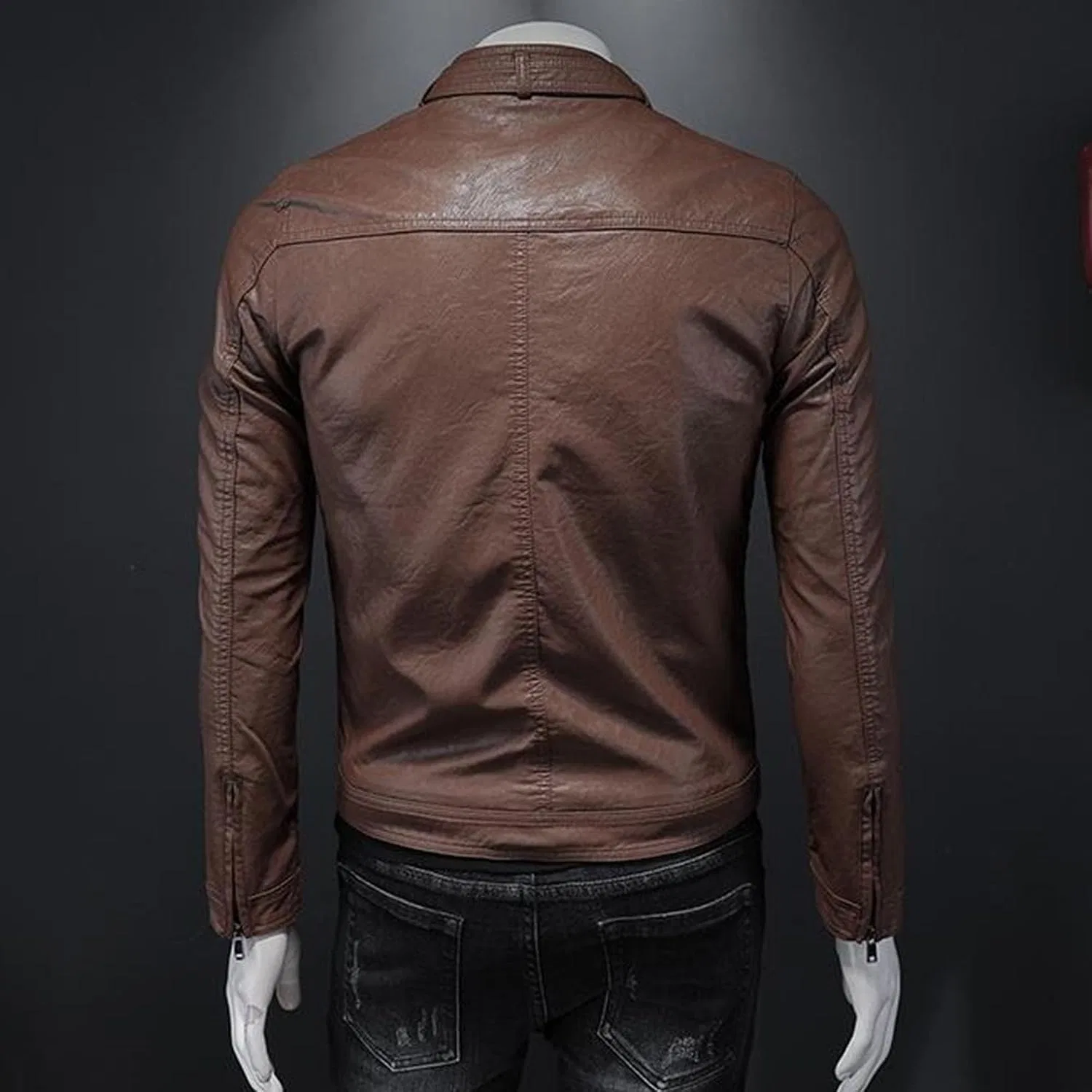 Мужская куртка из кожзама с воротником-стойкой, Cafe Racer Style, коричневый — фото 3