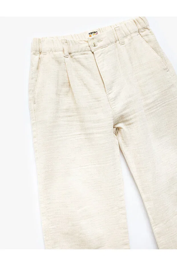 Детские брюки для девочек прямого кроя из льняной смеси Buttoned linen blended cotton basic trousers with elastic waist Koton, Ecru — фото 4