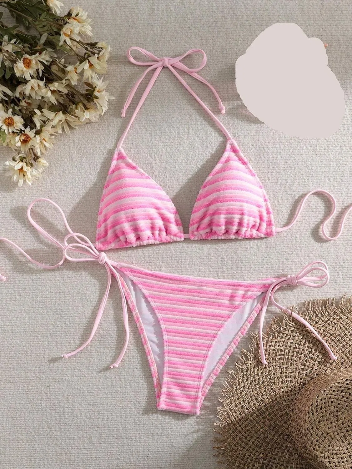 Женский бикини-сет с высокой талией и галстуком на спине, Striped, Pink — фото 3