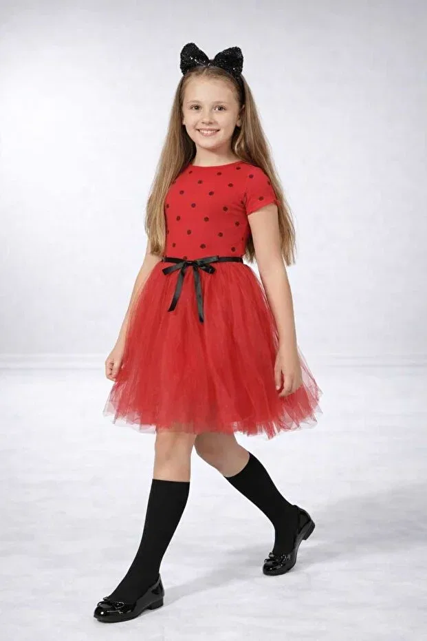 Детское платье для девочек из тюля с принтом горошек Polka Dot Girl's Short Sleeve Tulle Dress Neocotton, Short Sleeve-Red — фото 2
