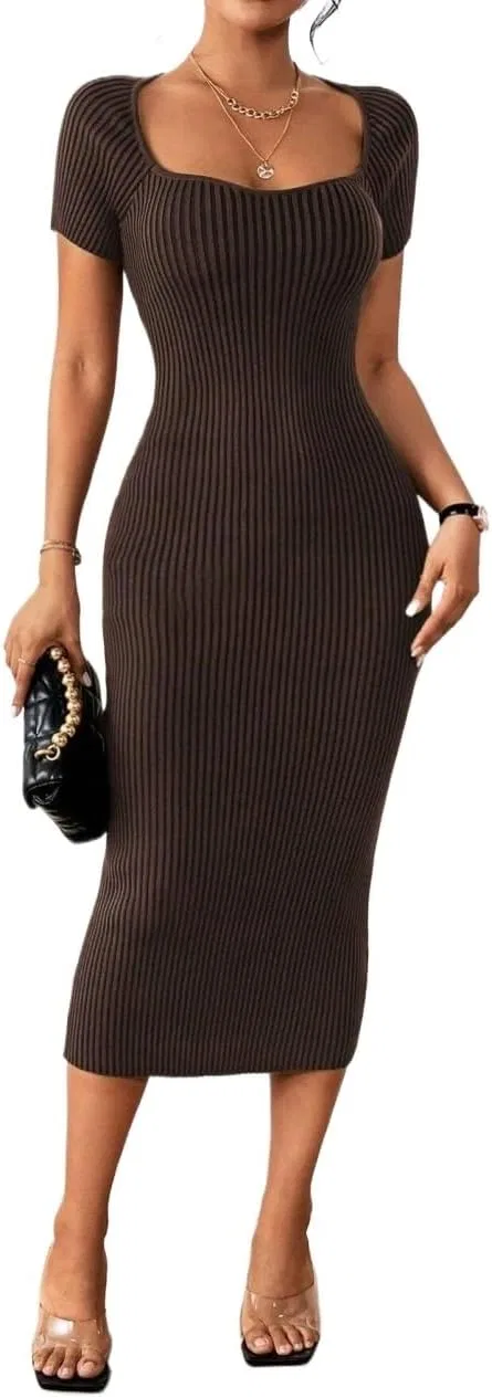 Женское миди-платье с коротким рукавом Ribbed Knit, Chocolate Brown