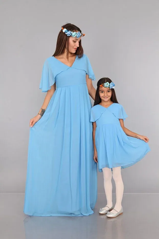 Детское платье для девочек с коротким рукавом Mother girl blue angel sleeve dress Moda Labio, Blue