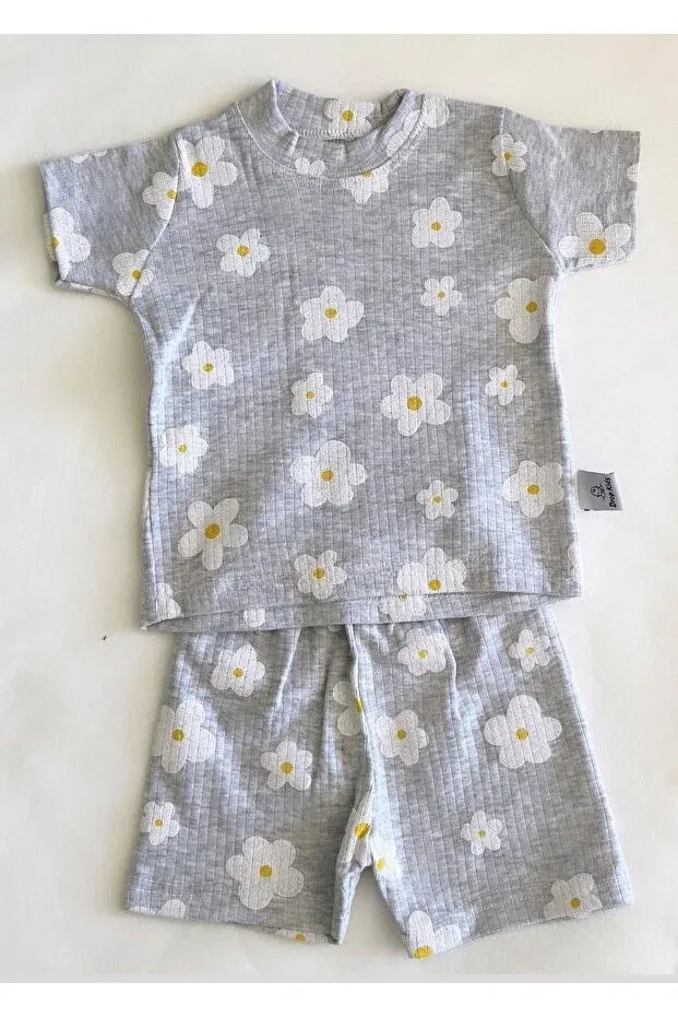 Детский комплект пижам для новорожденных с цветочным принтом Drop Kids, White-Grey — фото 3