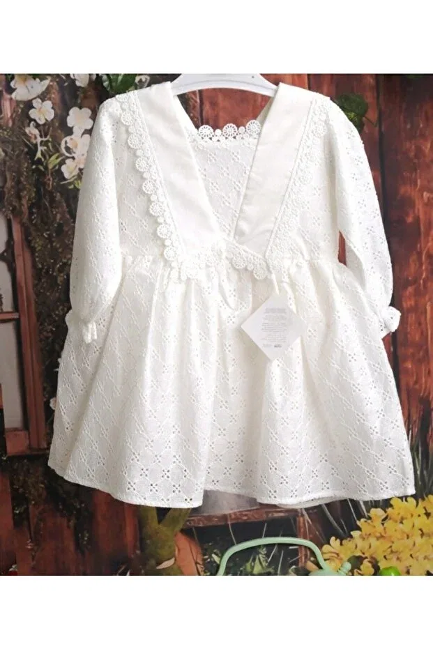 Детское платье для девочек кружевное Scallop fabric collar detailed long sleeve white girl's dress Generic Brands, White — фото 4
