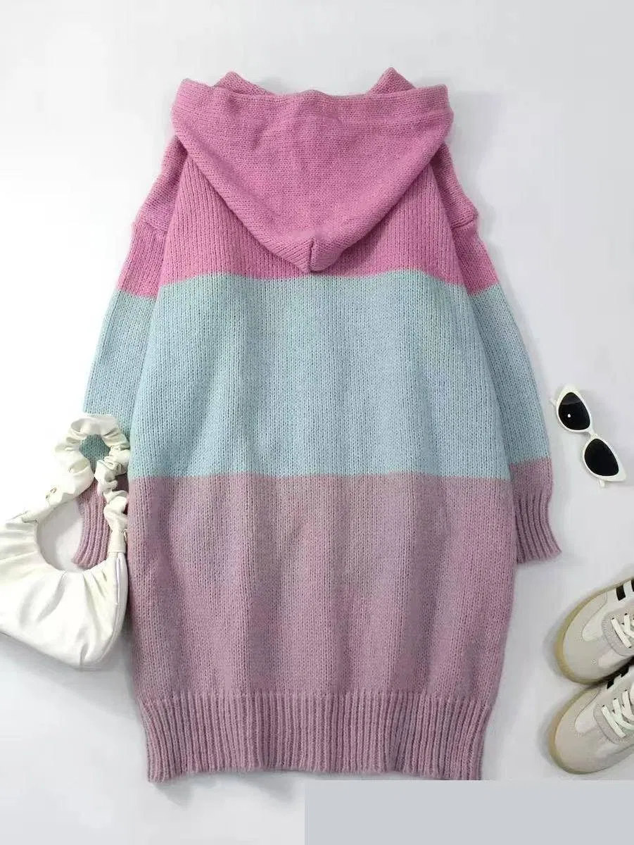 Женский кардиган на пуговицах с капюшоном, Stripe Sweaters, розовый — фото 3