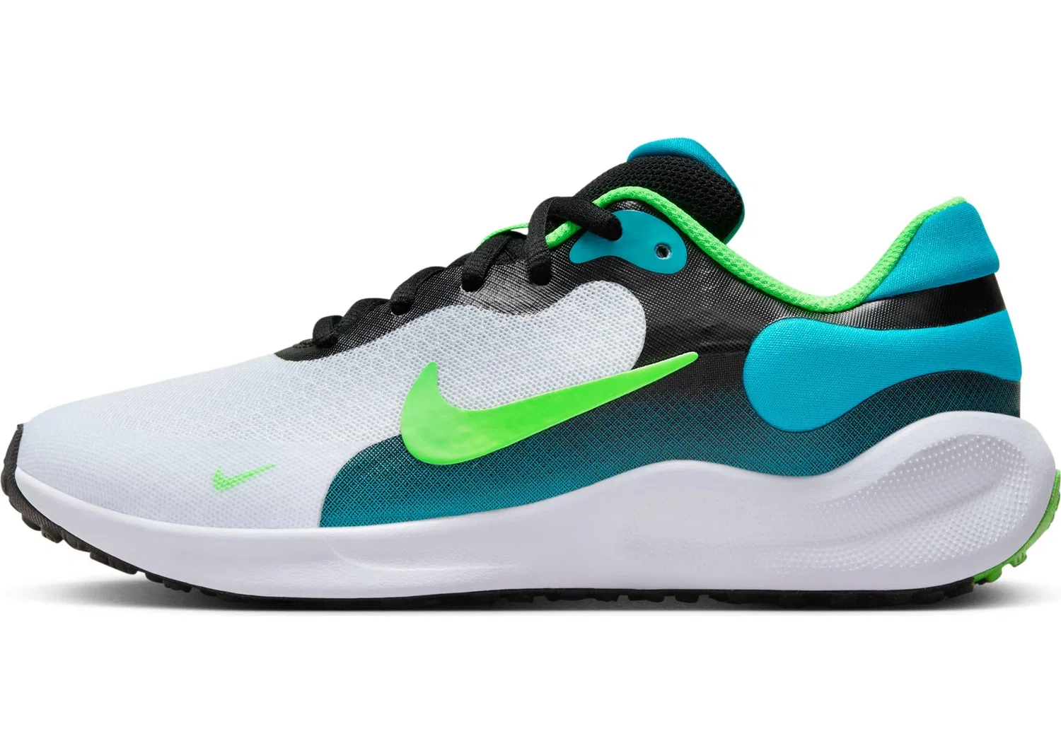 Детские беговые кроссовки для мальчиков с мягкой колодкой Revolution 7 NIKE, Black Green Strike Football Grey