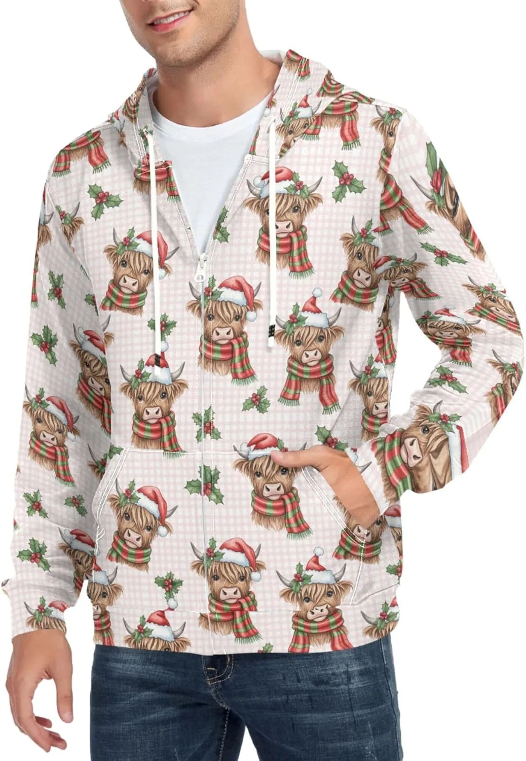 

Мужская толстовка с полной молнией Highland Cows и шапкой Санты, с длинным рукавом и карманом CUPADA