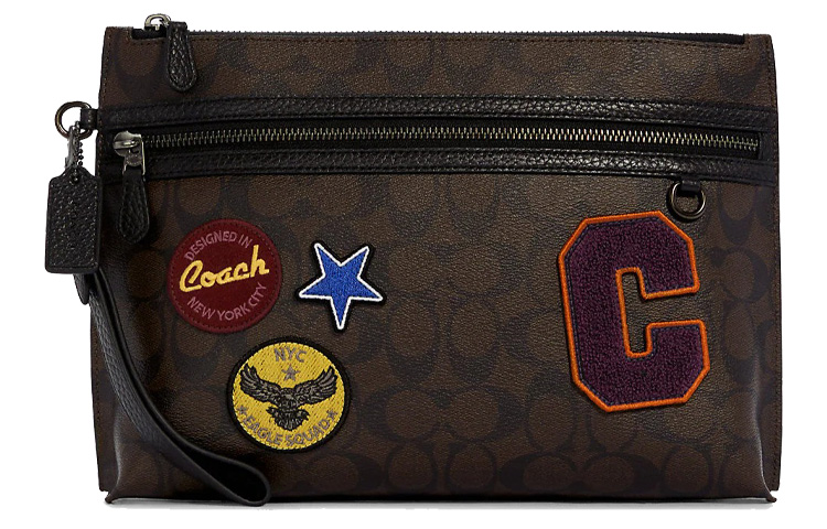 

COACH Клатч Pouch Coated Canvas с кожаными вставками, малый, мужской, темно-коричневый