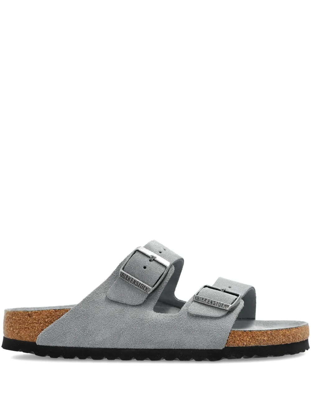 Замшевые сандалии на плоской подошве с двумя пряжками BIRKENSTOCK, серый