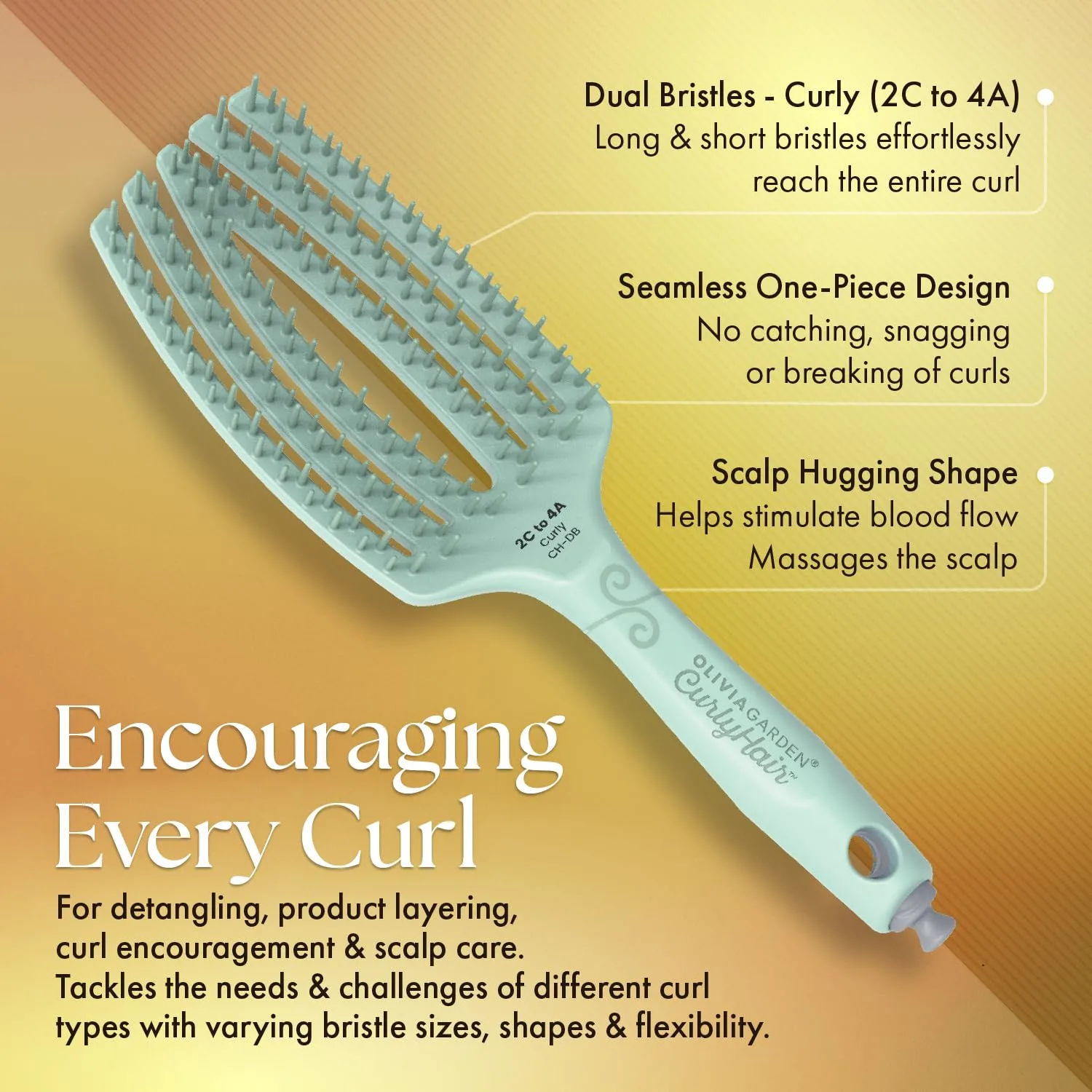 Расческа Olivia Garden CurlyHair для влажных и сухих волос - расческа для кудрявых волос, распутывания, нанесения средств для укладки, стимуляции завивки и ухода за кожей головы., Green — фото 3