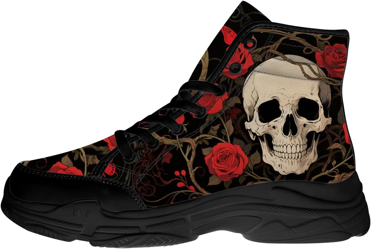 

Кроссовки на высокой платформе для мужчин и женщин с черепом и розой, на шнуровке, из ткани, подарок для нее и для него Generic, черный/красный/бежевый