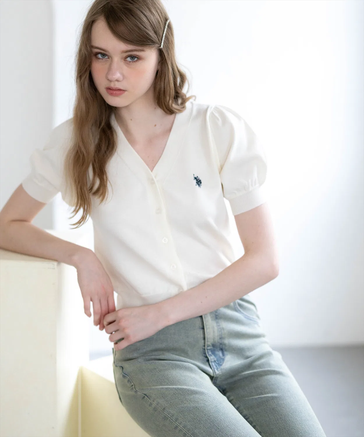 Женский кардиган с коротким рукавом-фонарик U.S. POLO ASSN., Ivory