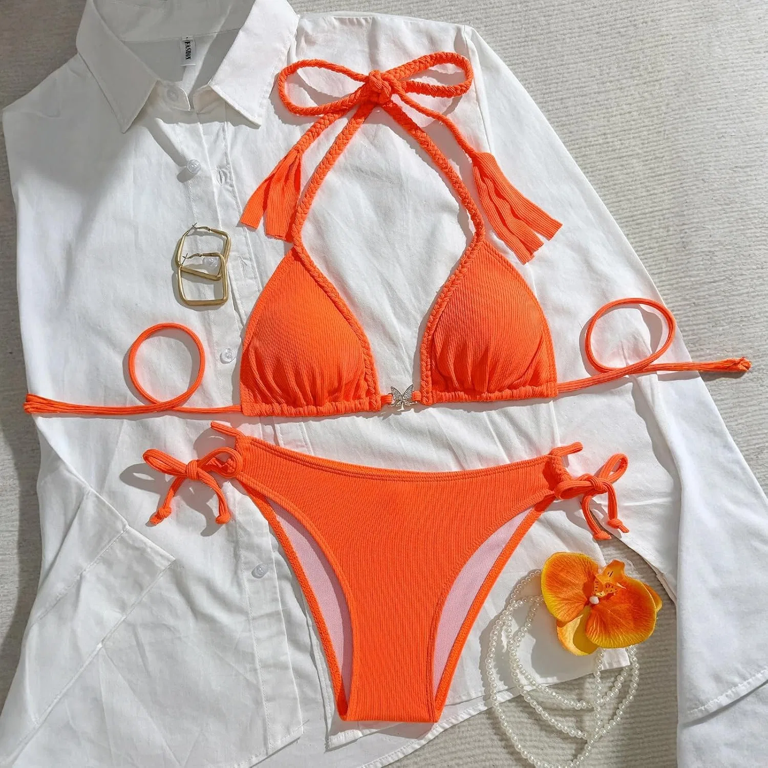 Женский бикини-комплект с вырезами для отпуска High Waisted, Saffron — фото 3