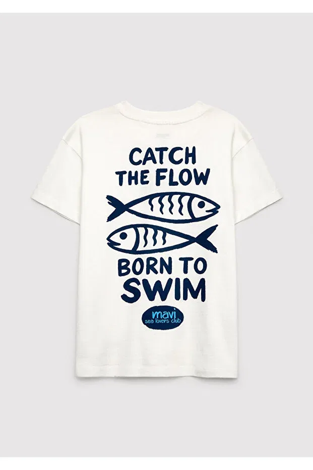 Детская футболка для девочек с принтом Fish Printed Mavi, Ecru — фото 4